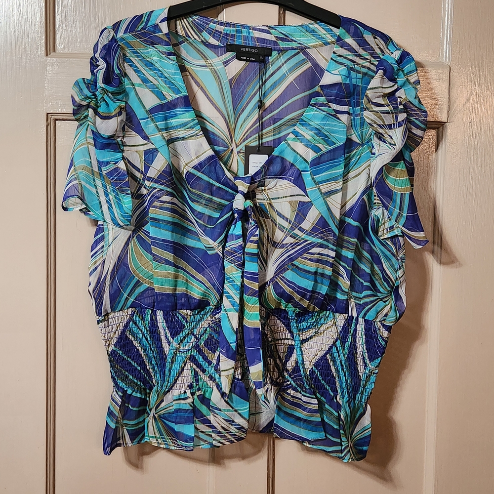 NWT Vertigo Semi-Sheer Multicolor Concerto Print Top XL $140
